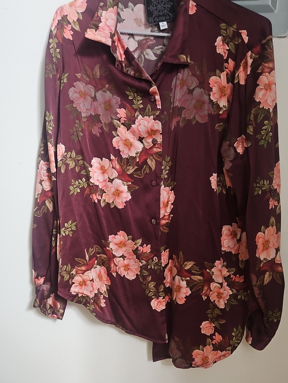 Johnny Was Burgundy Button-Down Shirt with Pink Floral Print